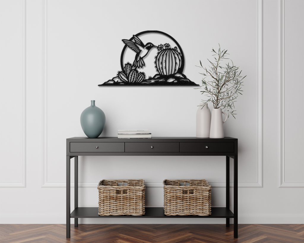 Hummingbird and Barrel Cactus Metal Wall Art