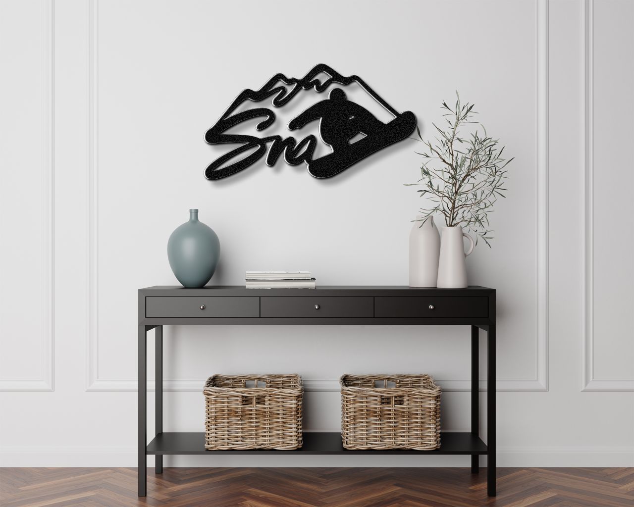 Snowboarder with Mountains Metal Wall Art