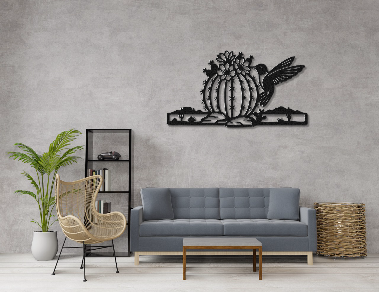 Hummingbird and Barrel Cactus Metal Wall Art