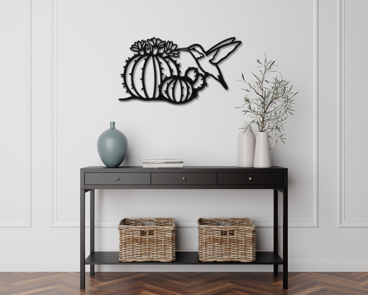 Hummingbird and Barrel Cactus Metal Wall Art