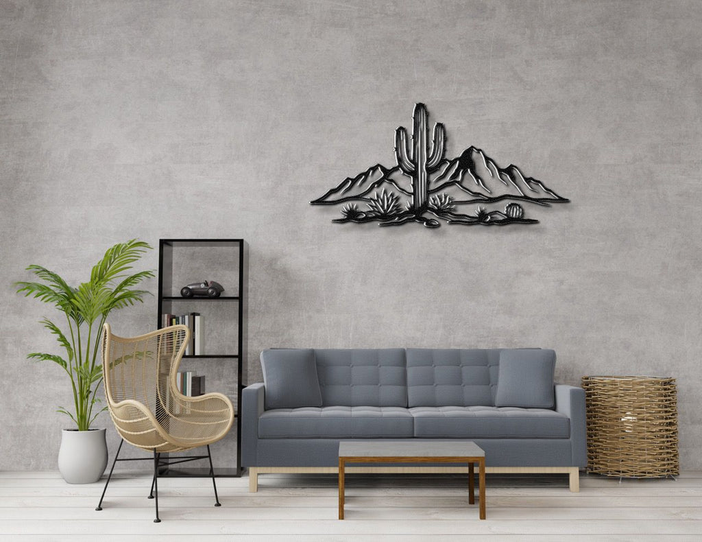 Saguaro Cactus with Mountains Metal Wall Art