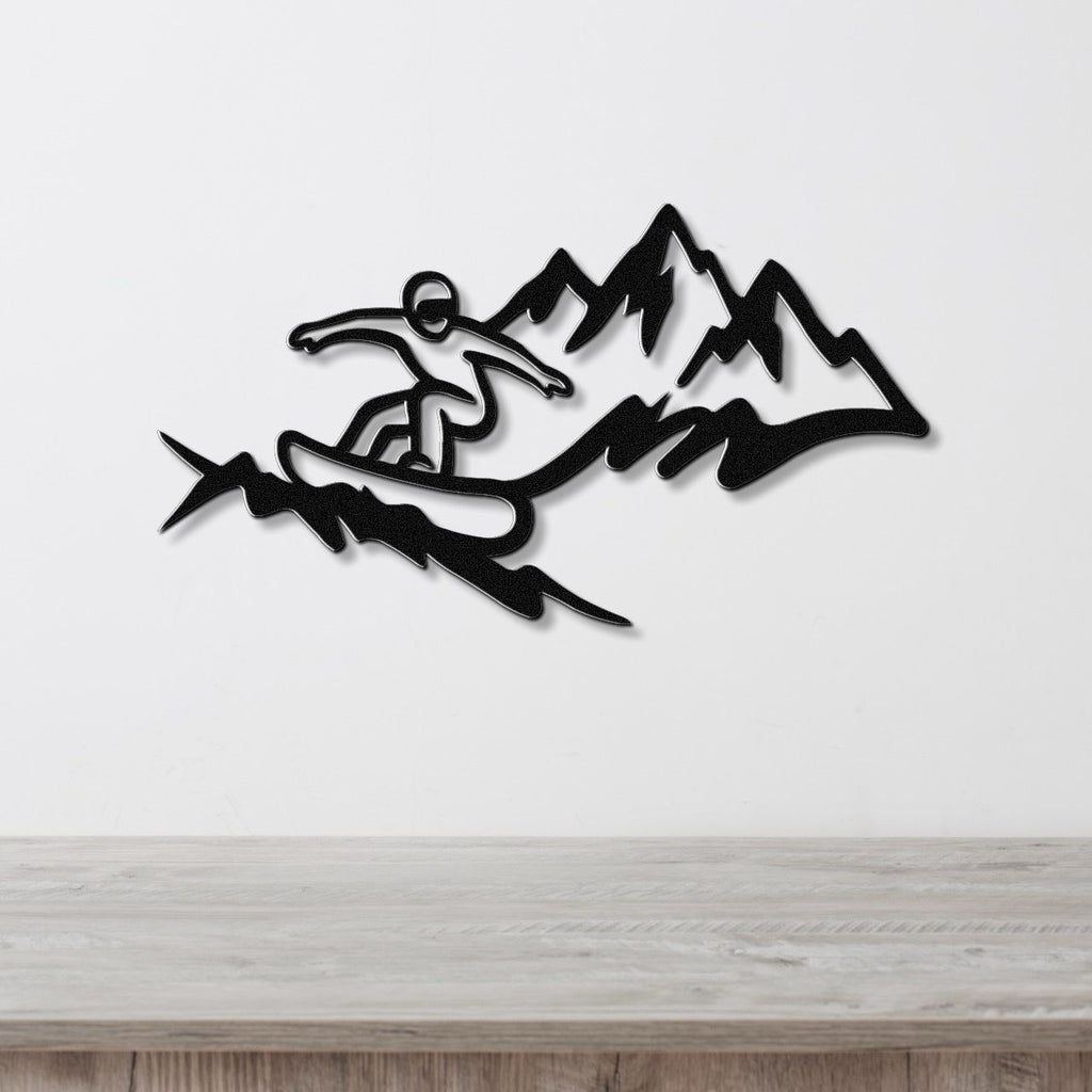 Snowboarder with Mountains Metal Wall Art