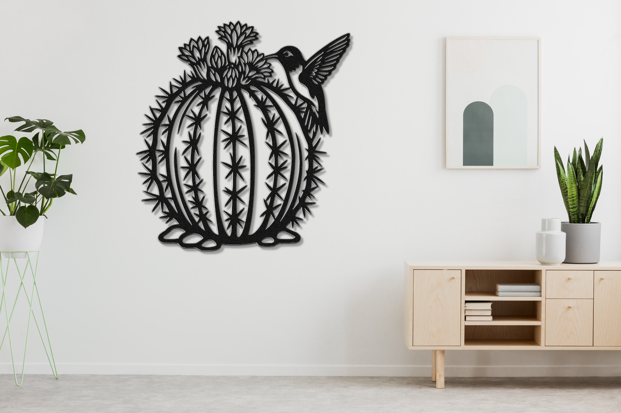 Hummingbird and Barrel Cactus Metal Wall Art