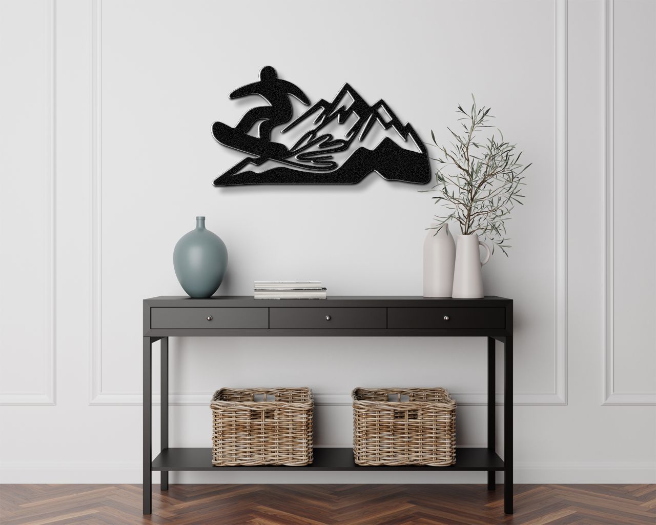 Snowboarder with Mountains Metal Wall Art