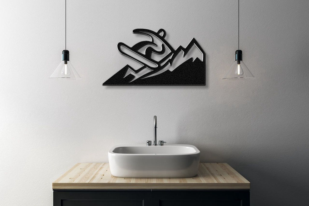 Snowboarder with Mountains Metal Wall Art
