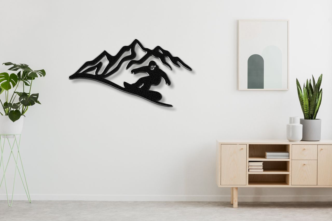 Snowboarder with Mountains Metal Wall Art