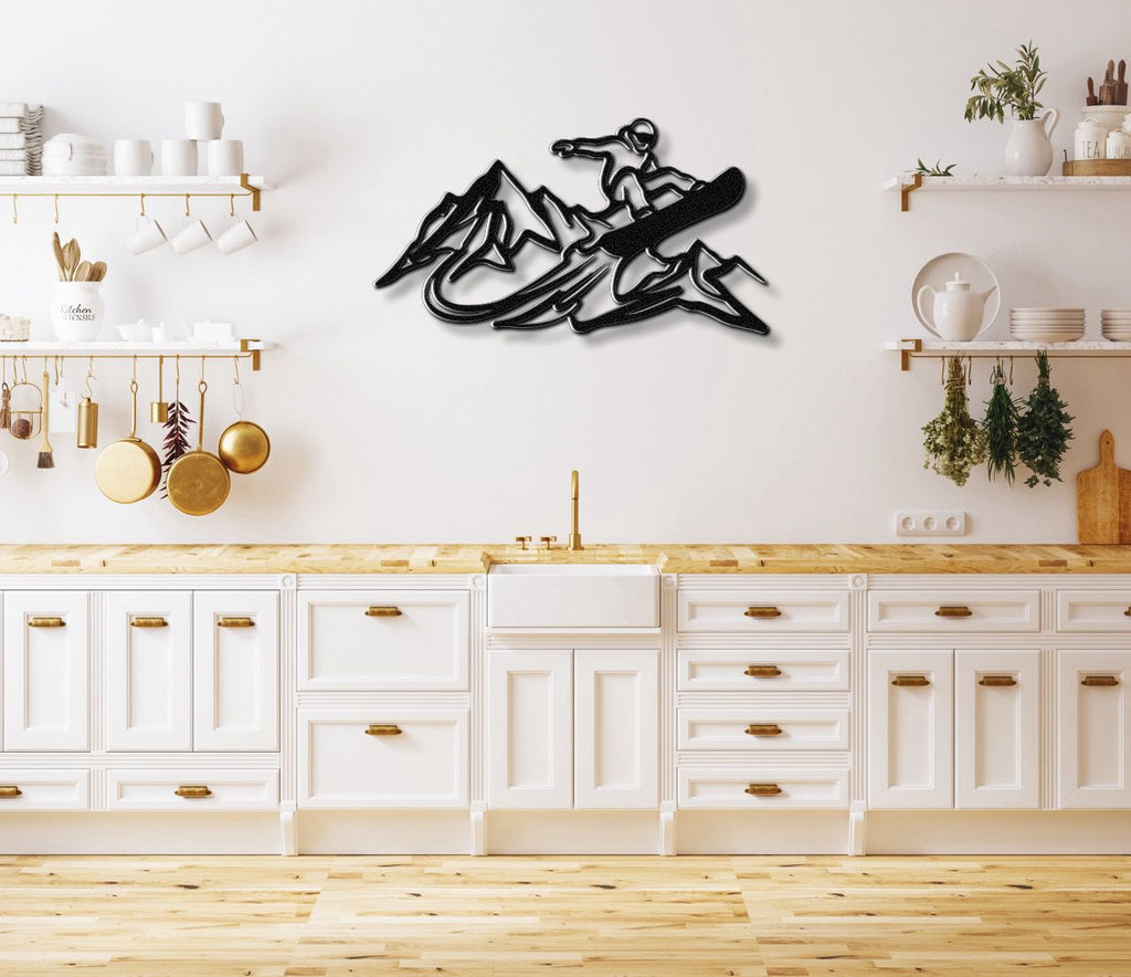 Snowboarder with Mountains Metal Wall Art