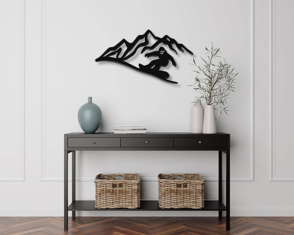 Snowboarder with Mountains Metal Wall Art