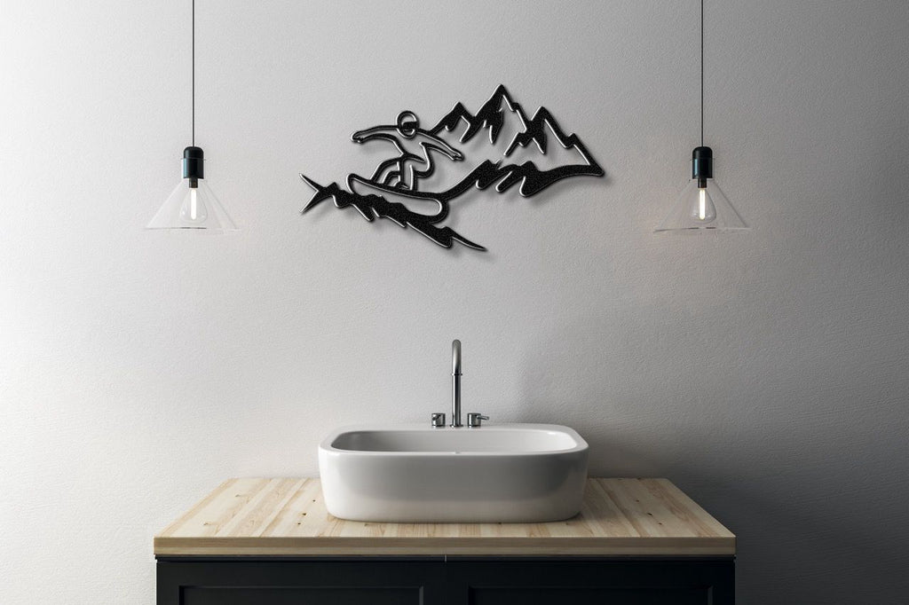 Snowboarder with Mountains Metal Wall Art