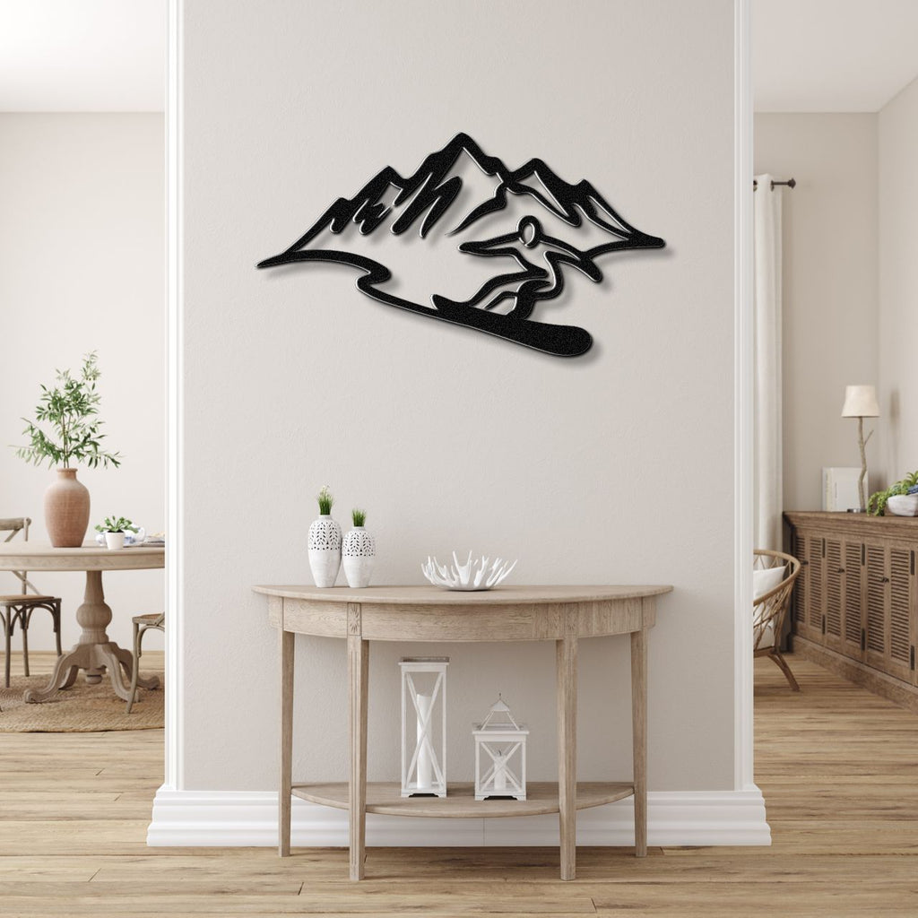 Snowboarder with Mountains Metal Wall Art