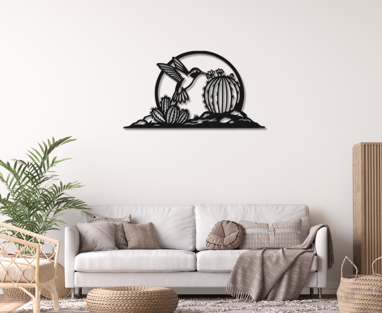 Hummingbird and Barrel Cactus Metal Wall Art