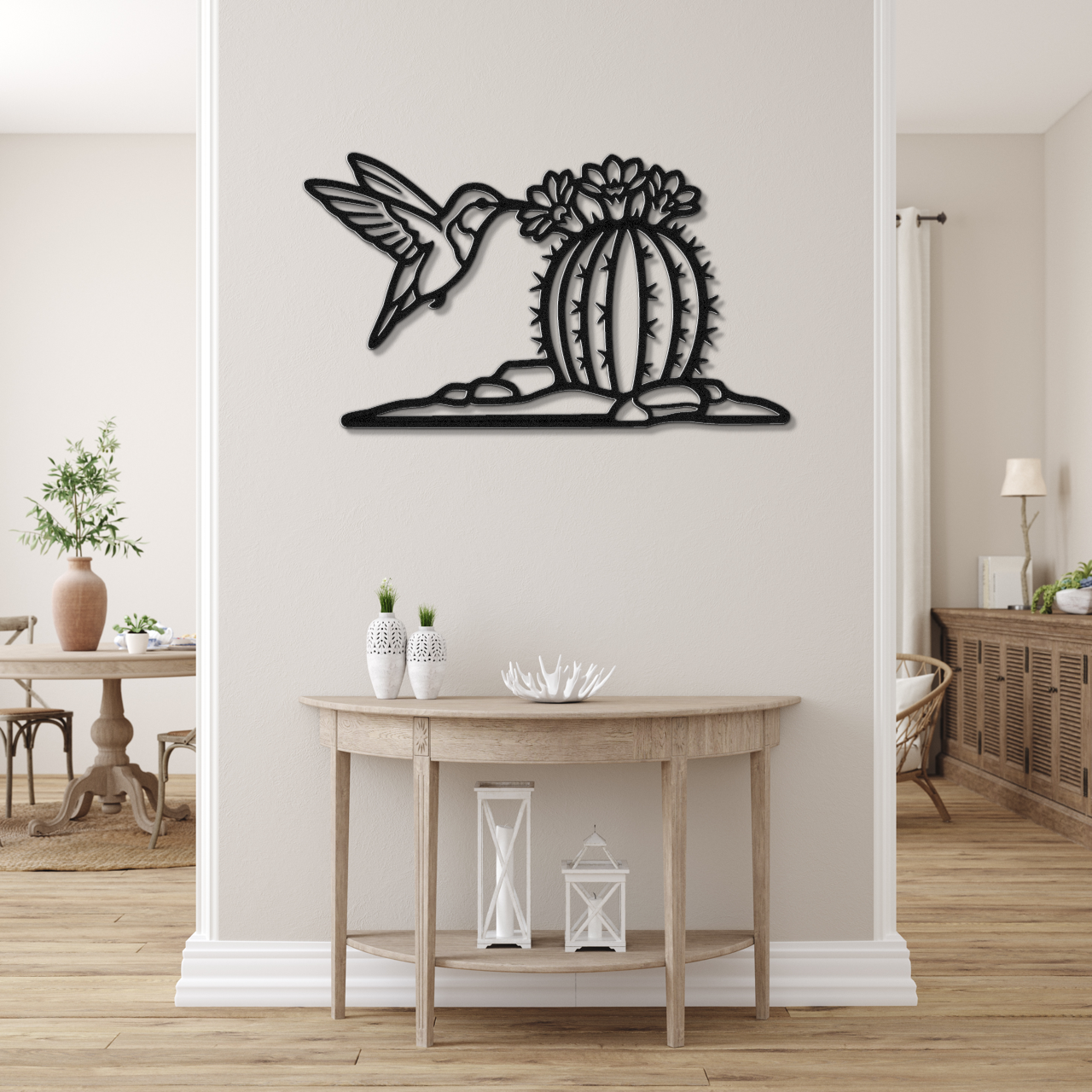 Hummingbird and Barrel Cactus Metal Wall Art