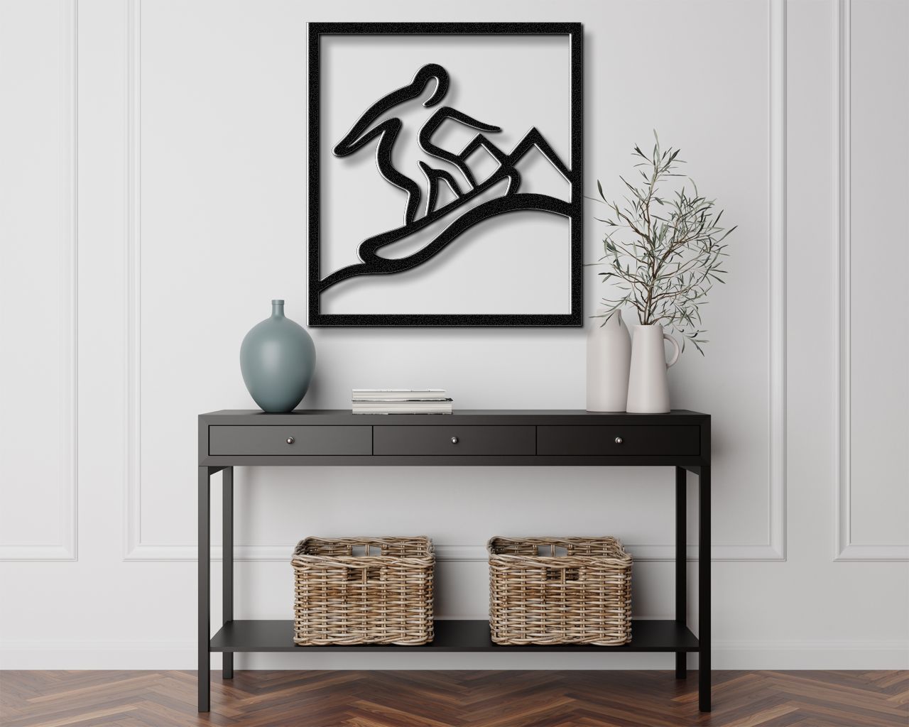 Snowboarder with Mountains Metal Wall Art