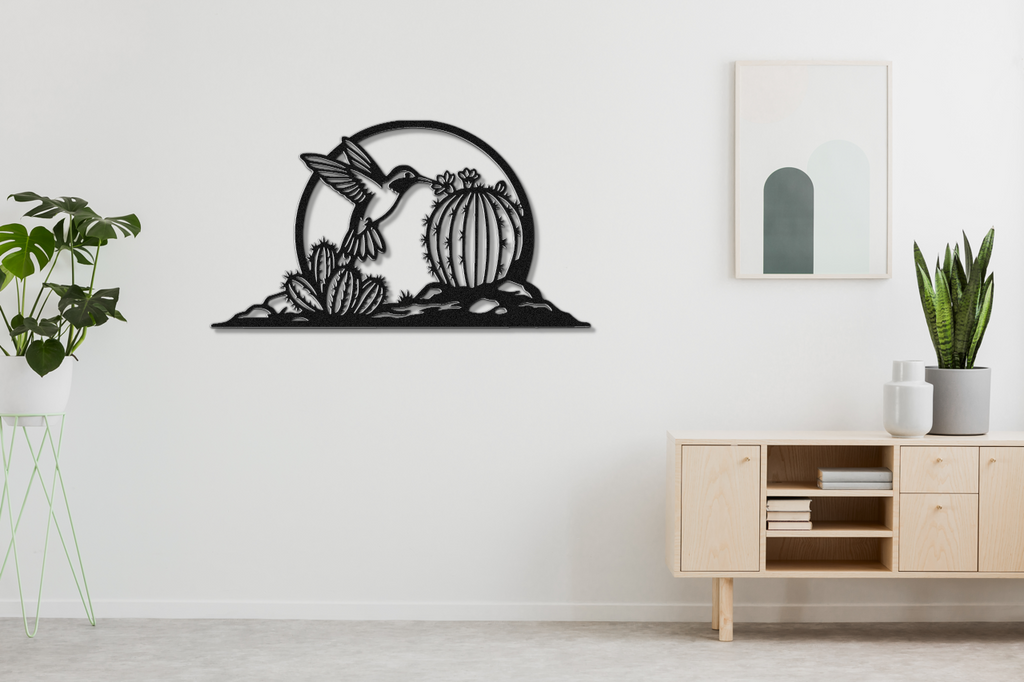 Hummingbird and Barrel Cactus Metal Wall Art