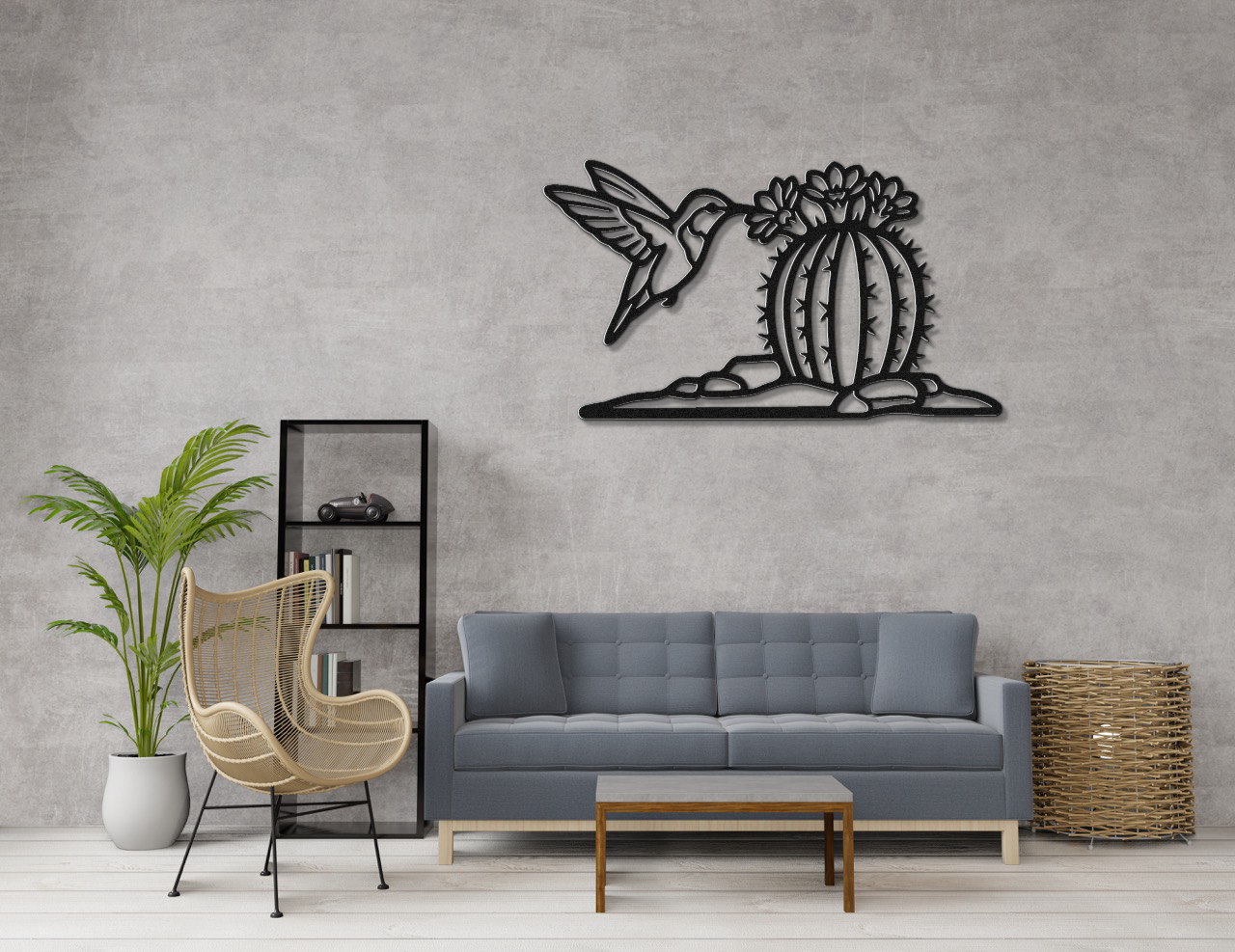 Hummingbird and Barrel Cactus Metal Wall Art