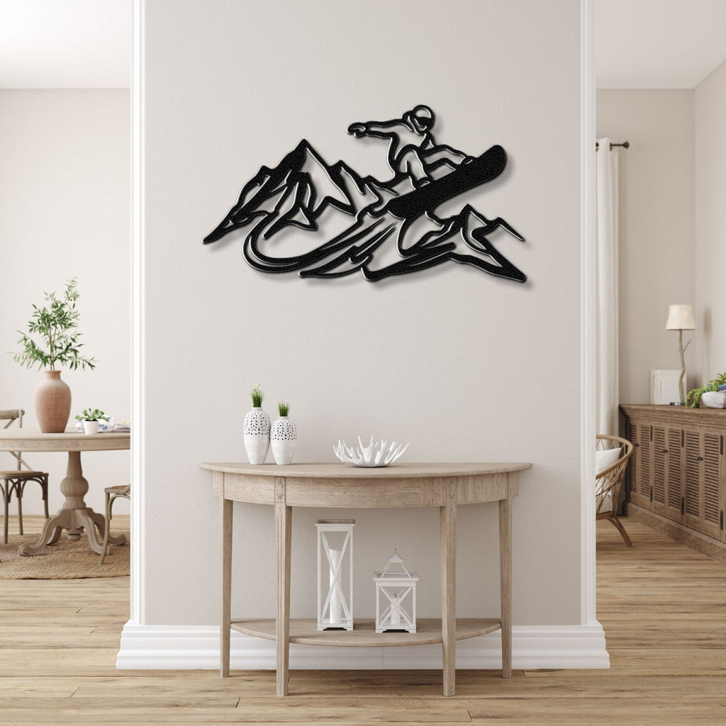 Snowboarder with Mountains Metal Wall Art