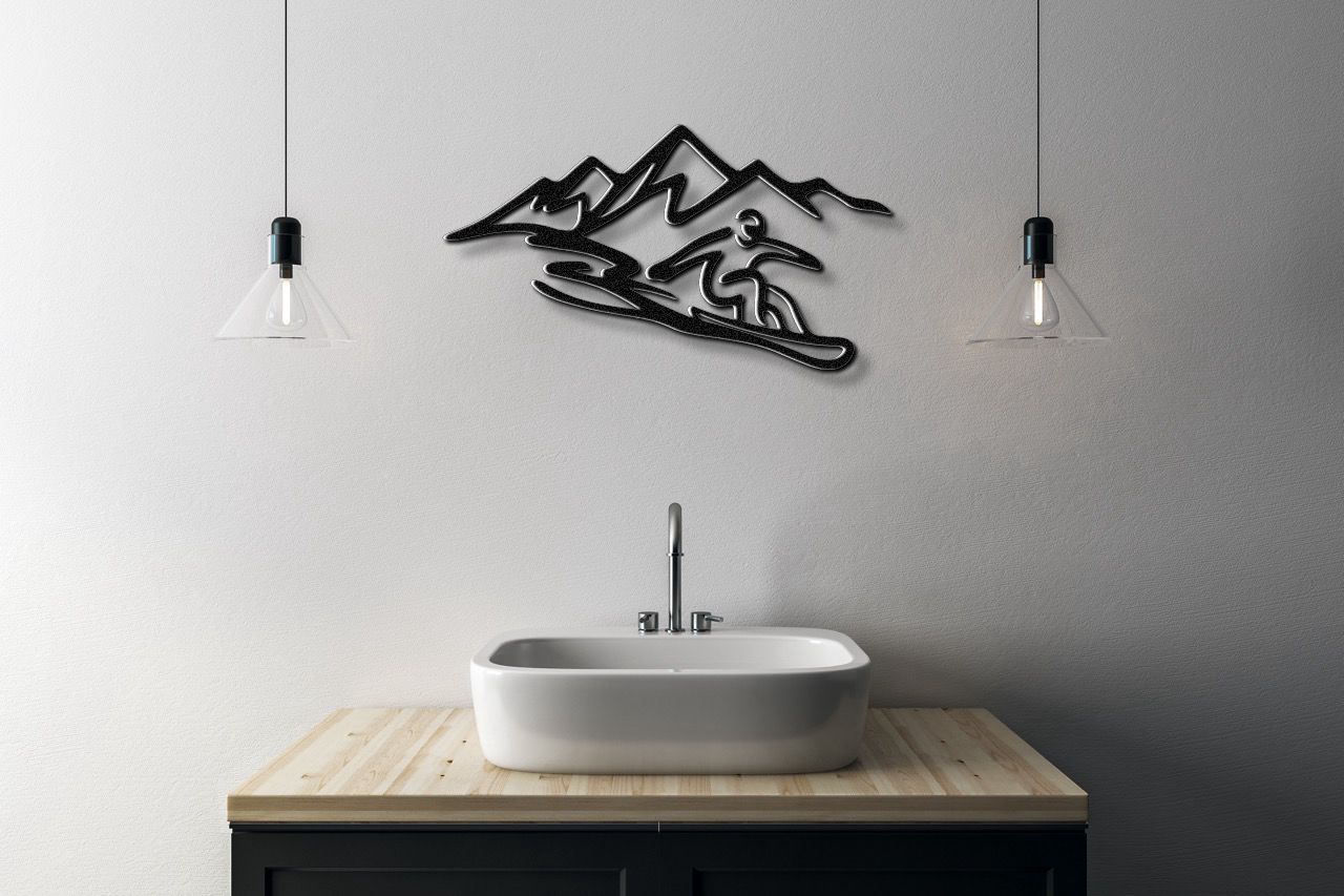 Snowboarder with Mountains Metal Wall Art