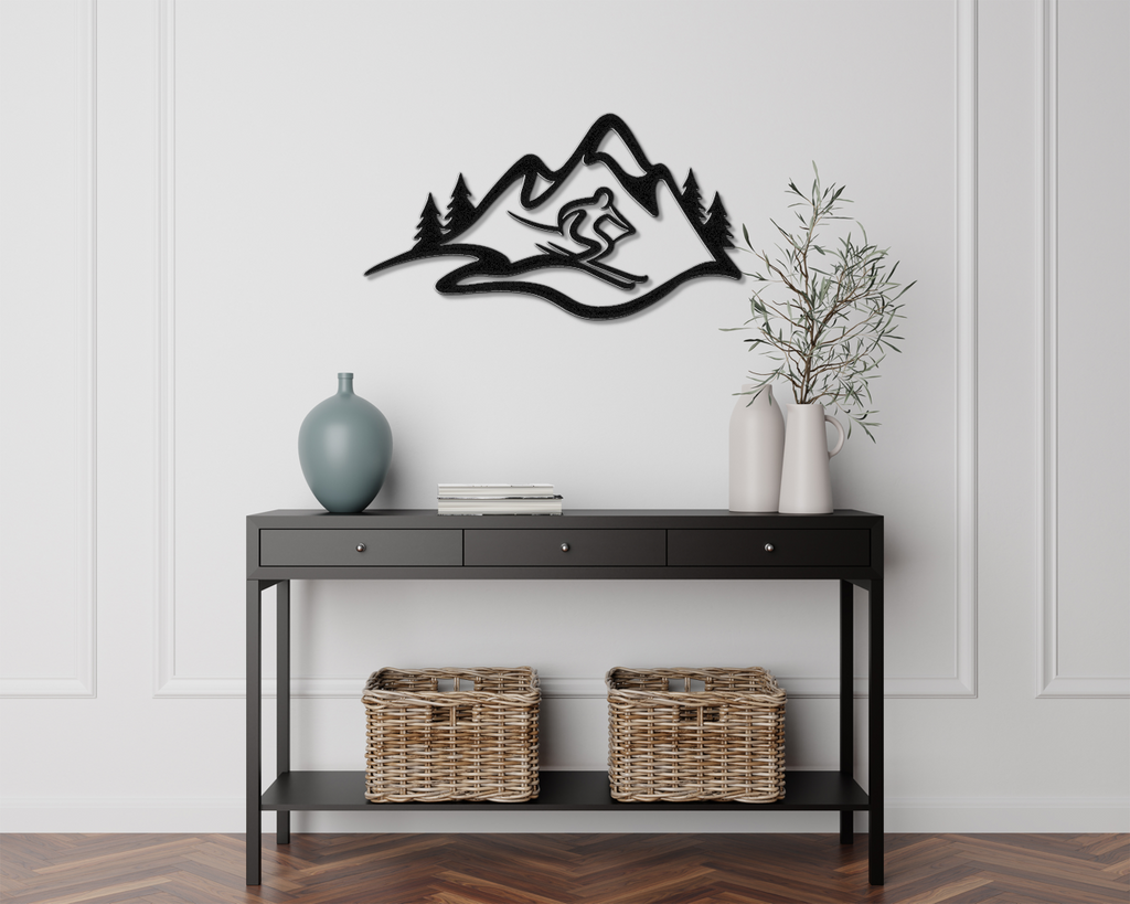 Skier and Mountain Metal Wall Art