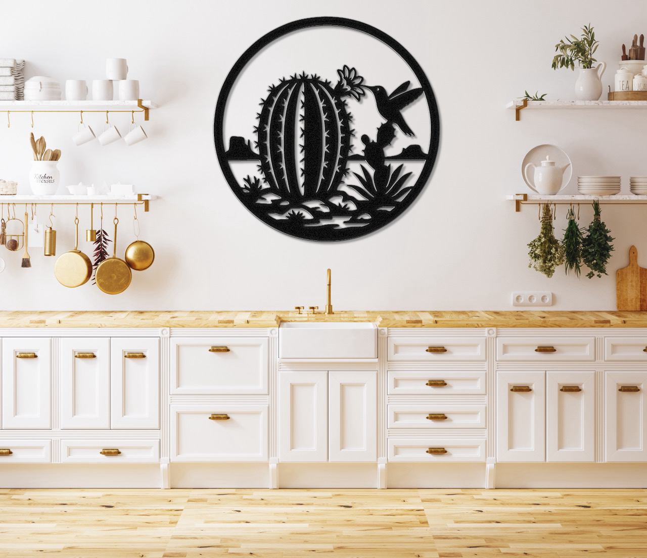 Hummingbird and Barrel Cactus Metal Wall Art