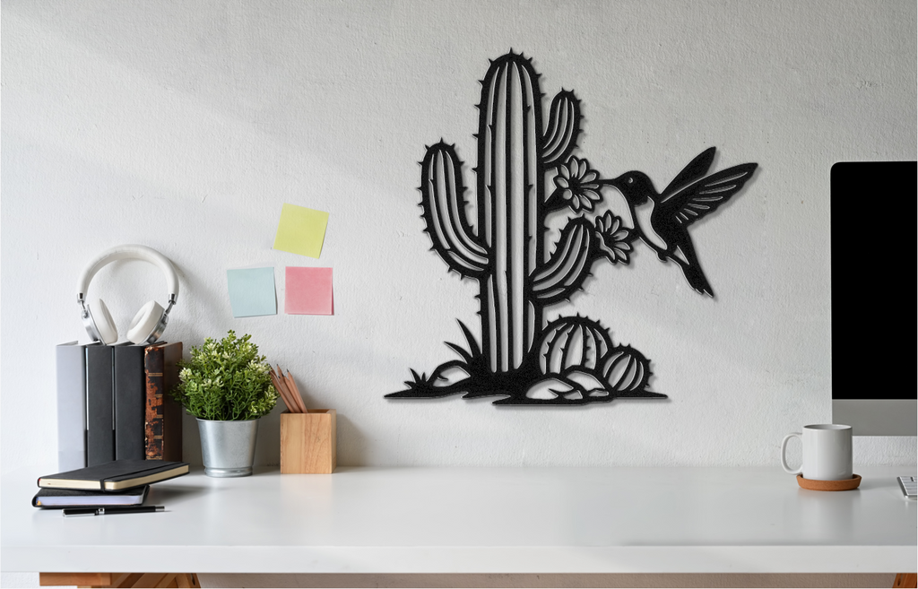Hummingbird and Cactus Metal Wall Art