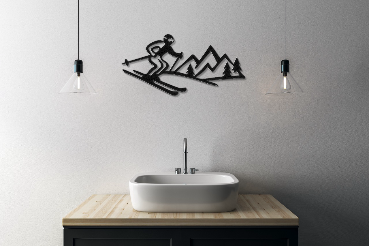 Skier and Mountain Metal Wall Art