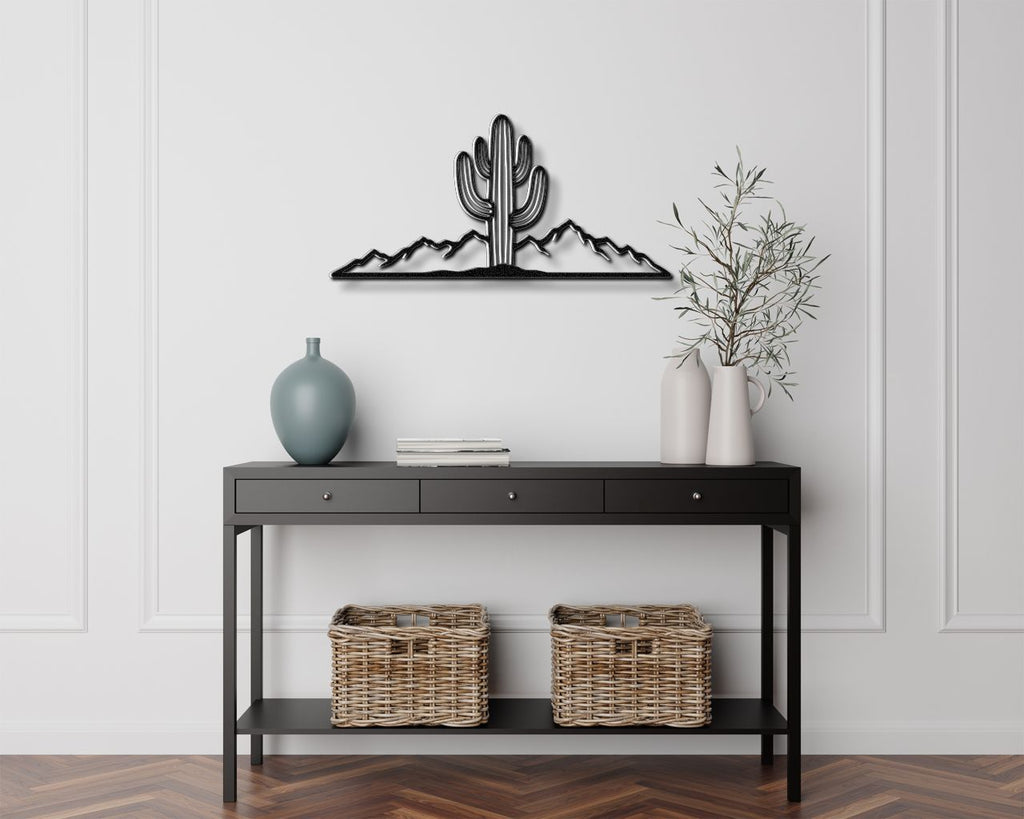 Saguaro Cactus with Mountains Metal Wall Art