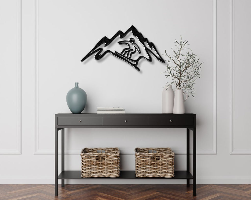 Snowboarder with Mountains Metal Wall Art