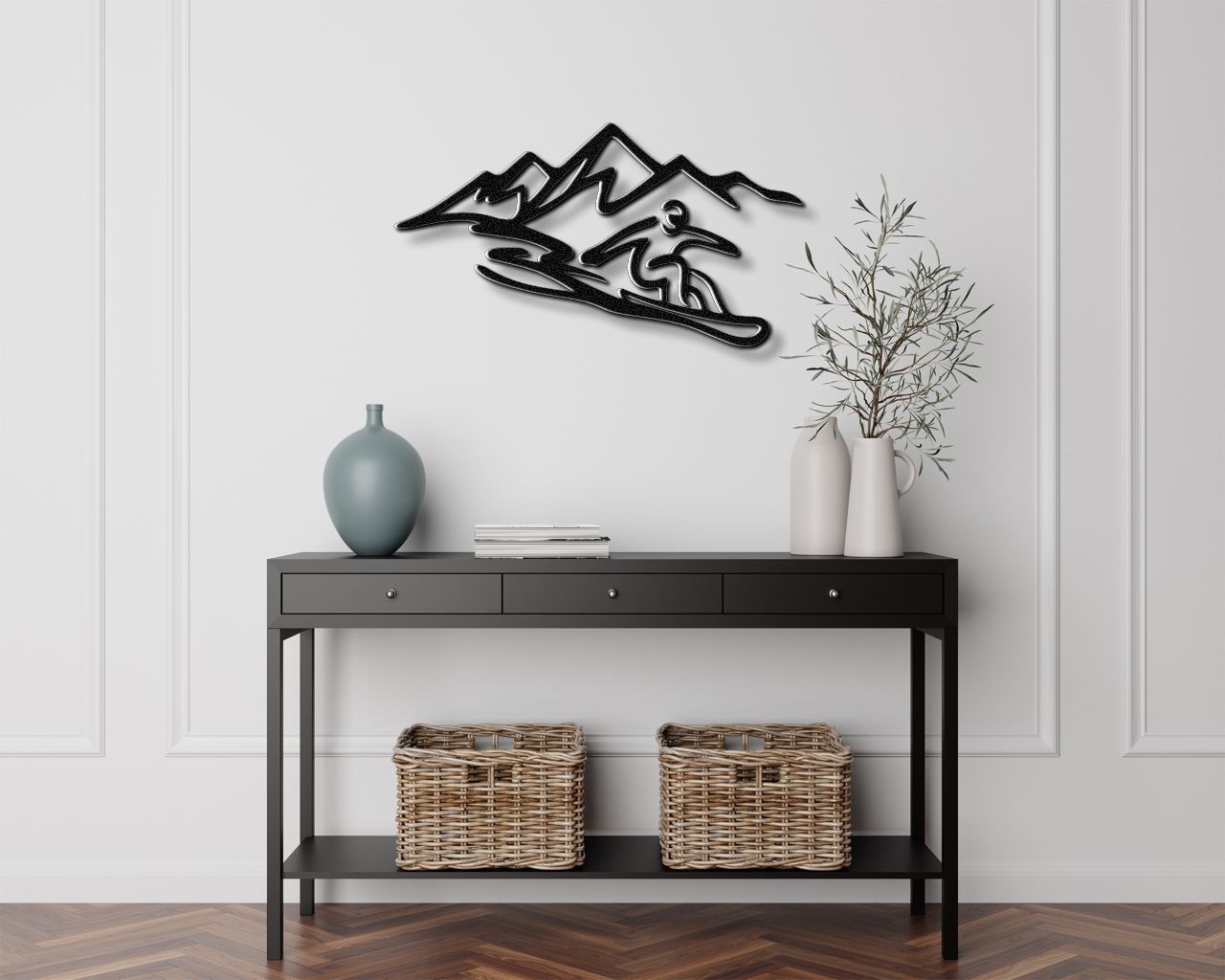 Snowboarder with Mountains Metal Wall Art