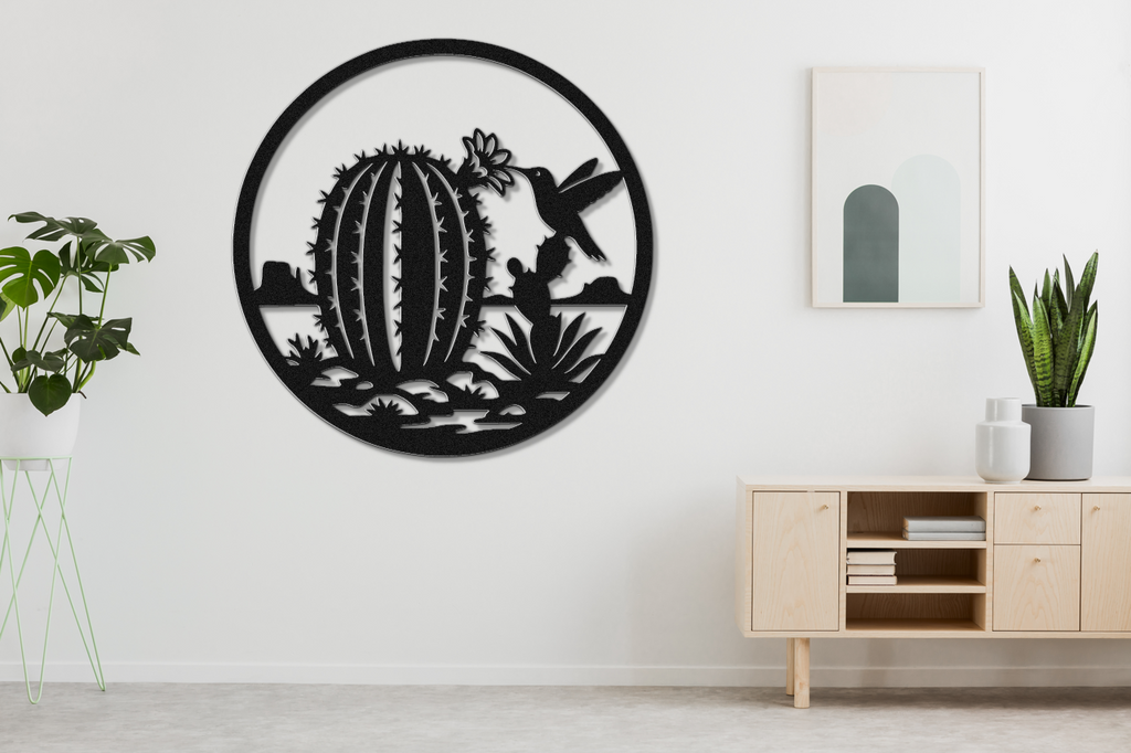 Hummingbird and Barrel Cactus Metal Wall Art