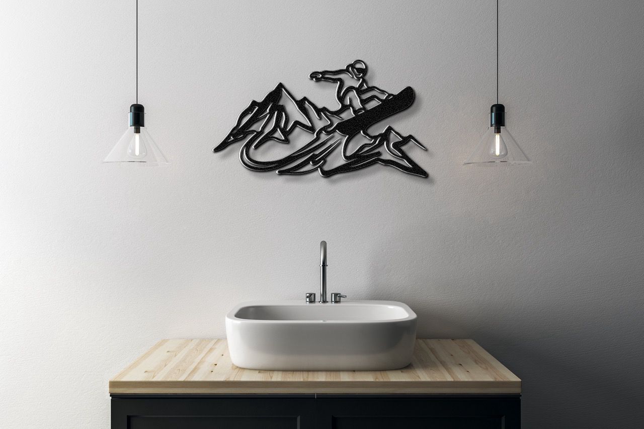 Snowboarder with Mountains Metal Wall Art