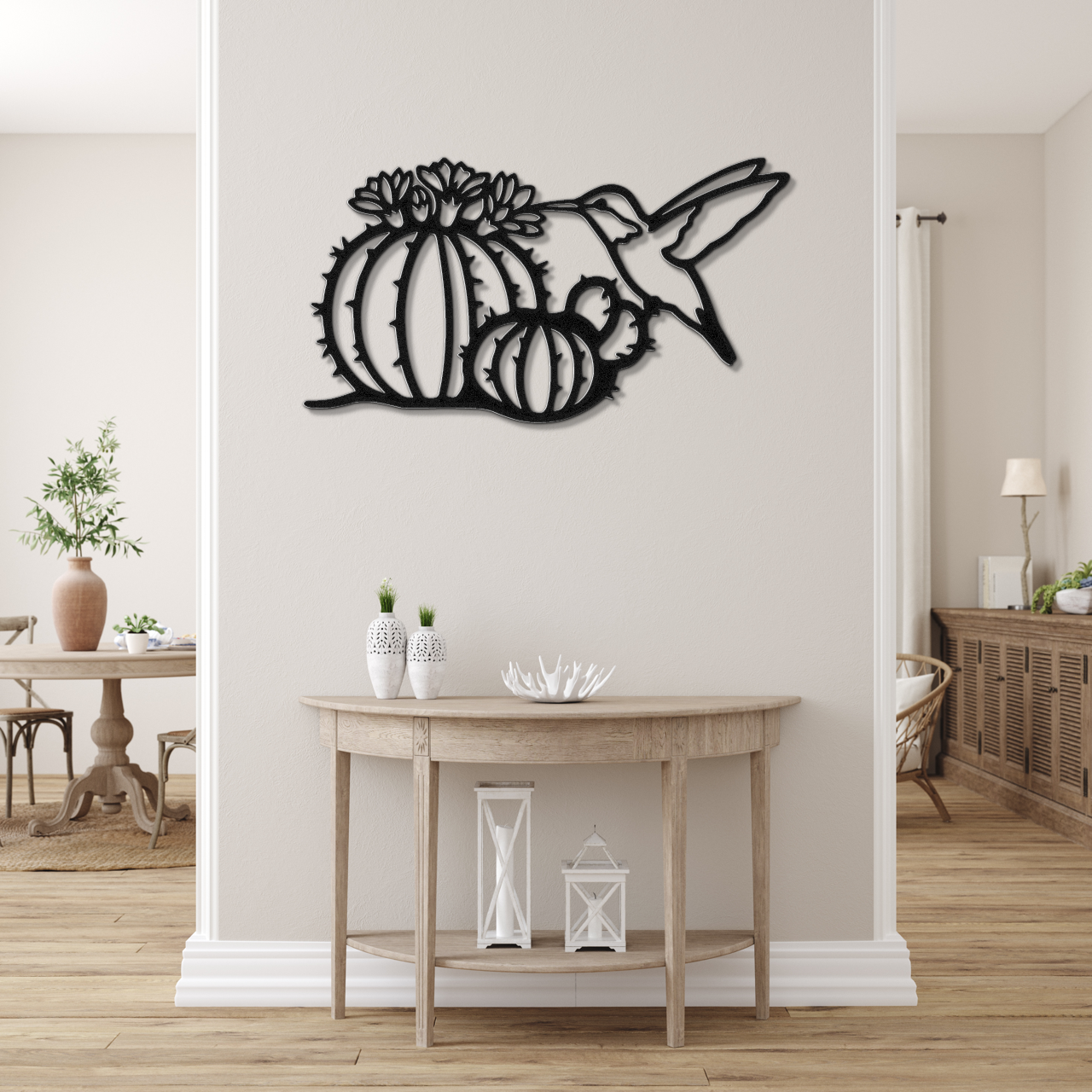Hummingbird and Barrel Cactus Metal Wall Art
