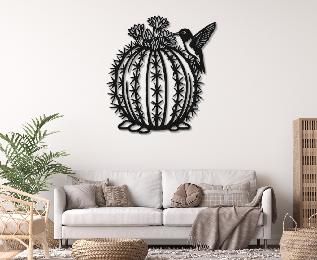 Hummingbird and Barrel Cactus Metal Wall Art