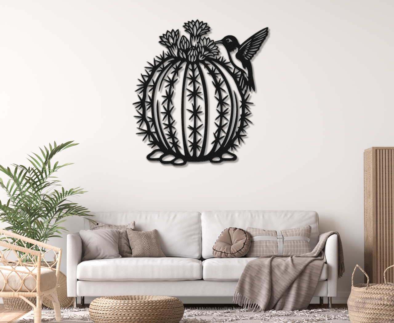 Hummingbird and Barrel Cactus Metal Wall Art