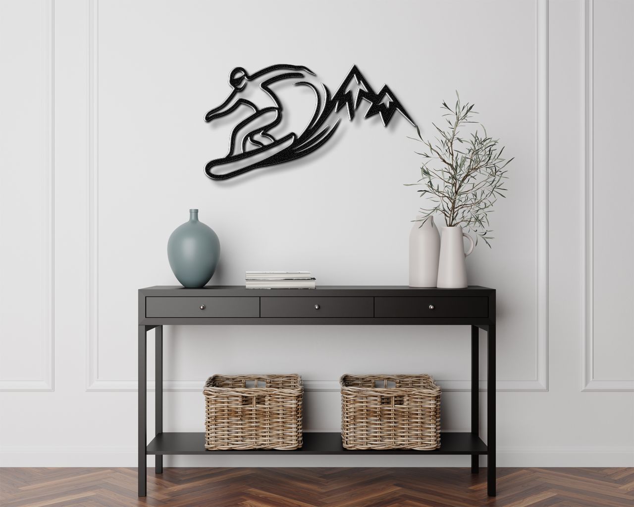 Snowboarder with Mountains Metal Wall Art