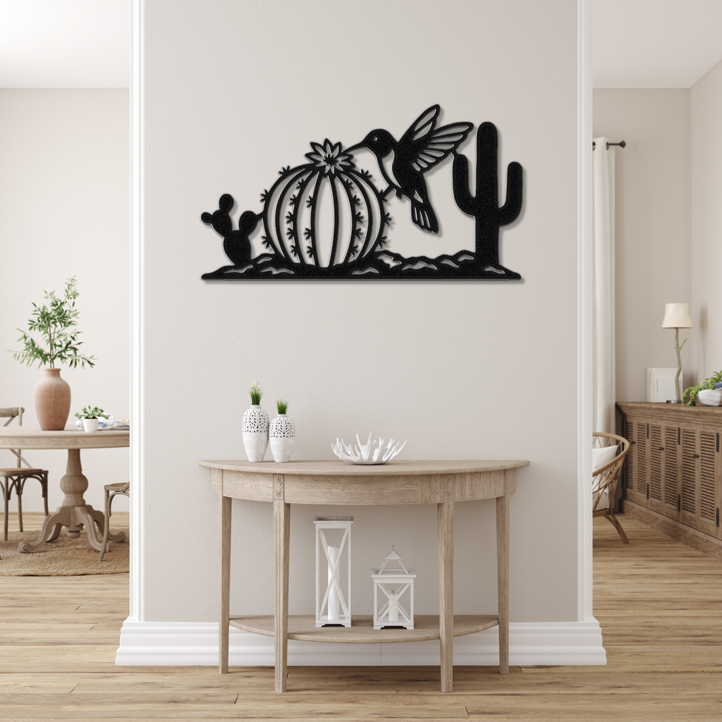 Hummingbird and Cactus Metal Wall Art