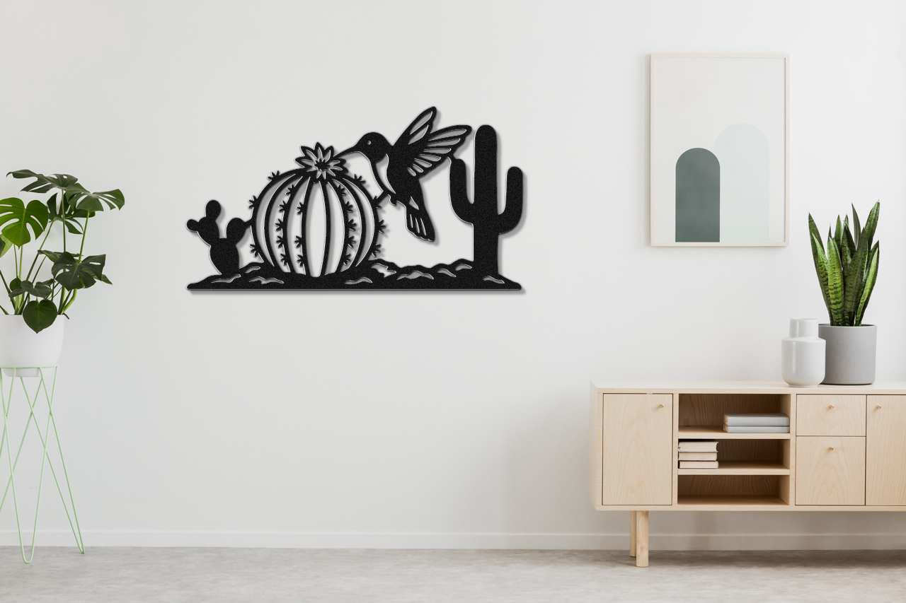 Hummingbird and Cactus Metal Wall Art