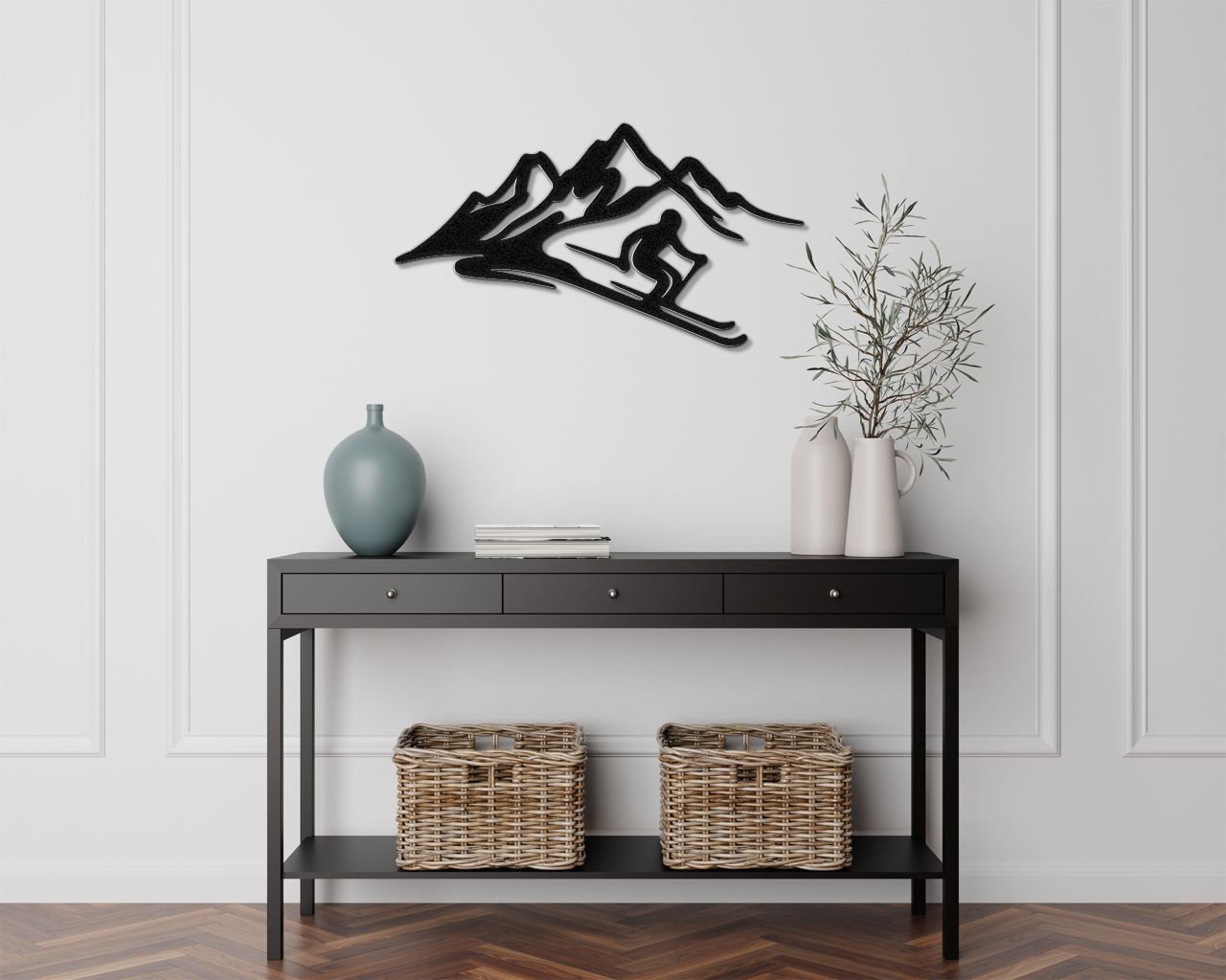 Skier and Mountain Metal Wall Art