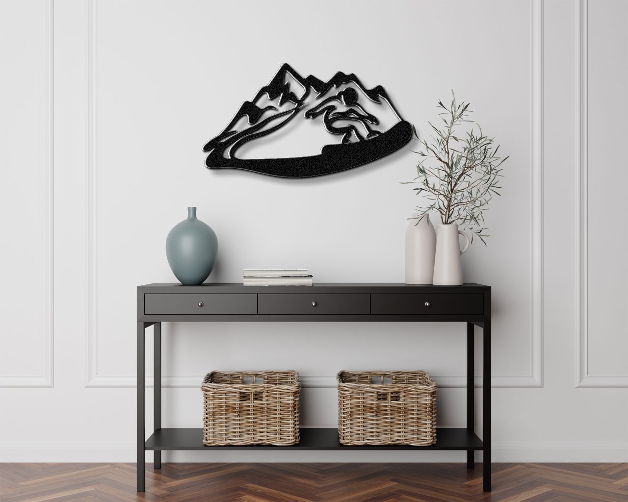 Snowboarder with Mountains Metal Wall Art