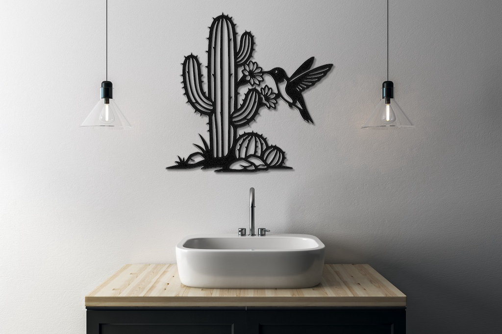Hummingbird and Cactus Metal Wall Art