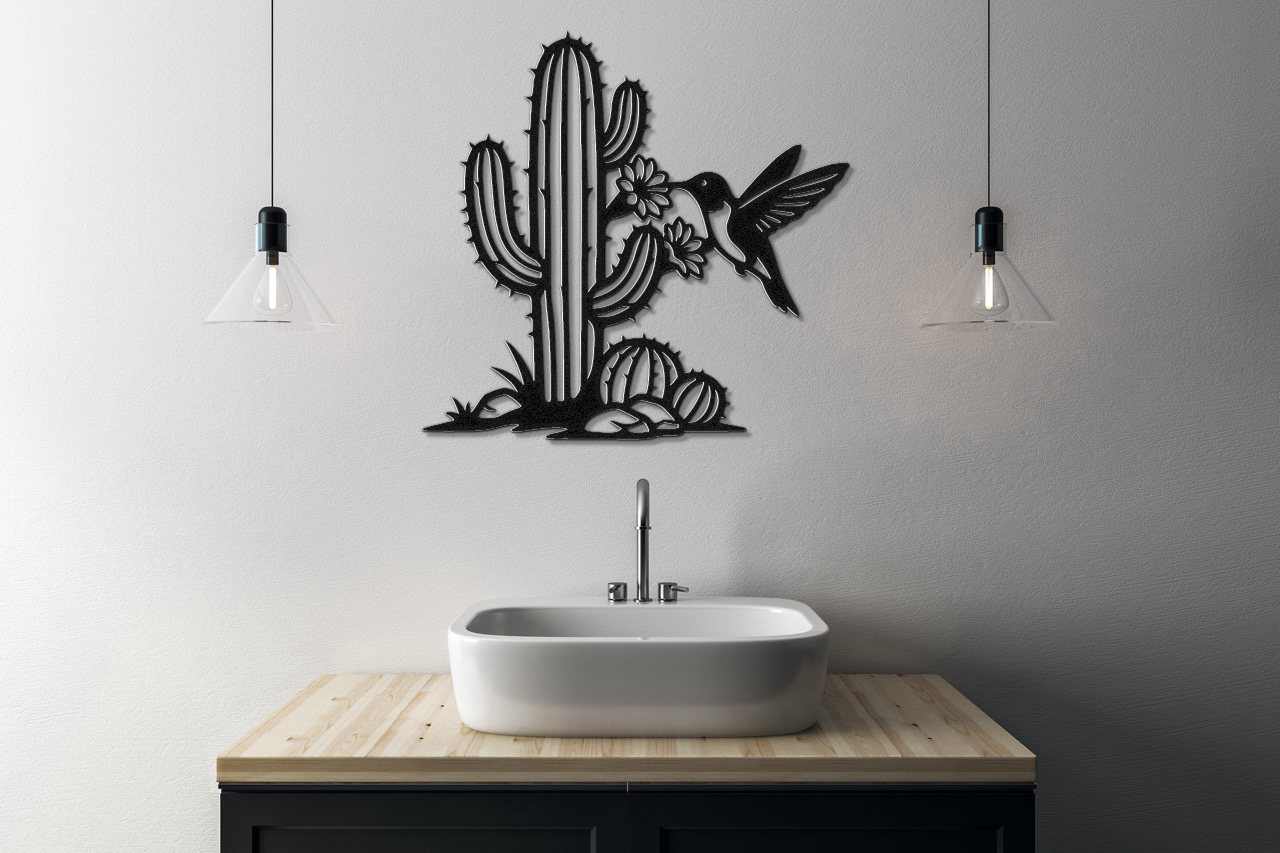 Hummingbird and Cactus Metal Wall Art