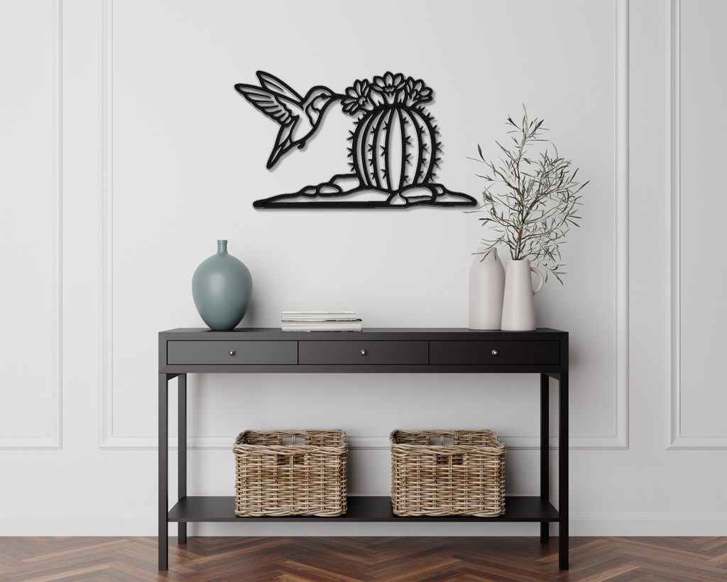 Hummingbird and Barrel Cactus Metal Wall Art