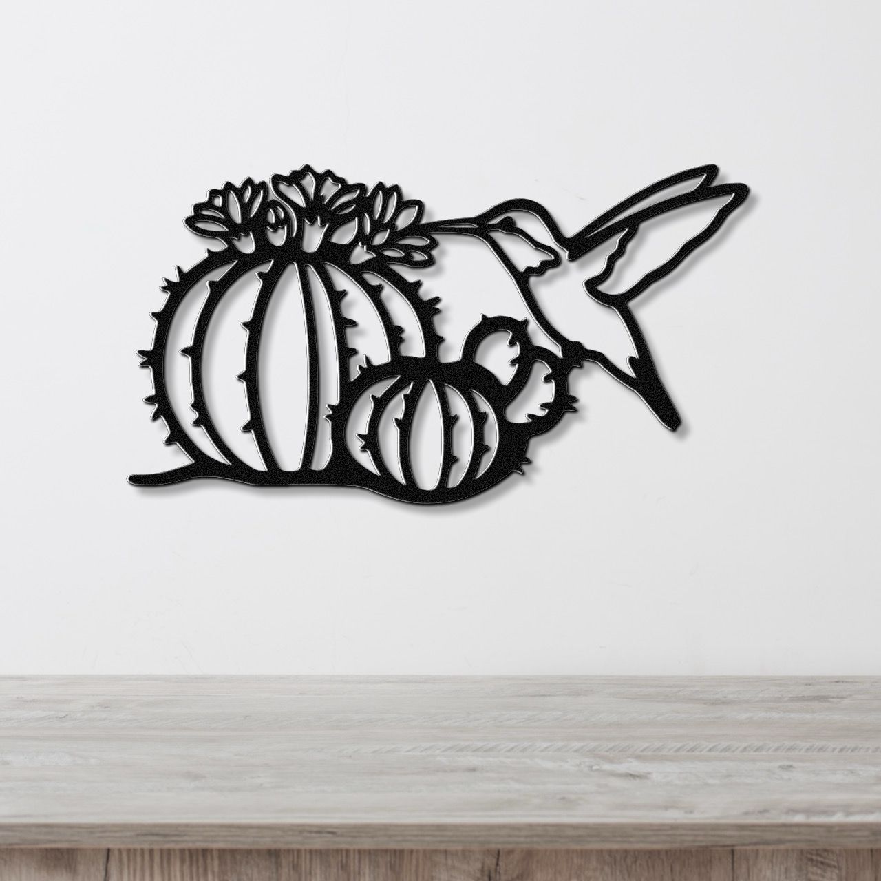 Thirsty Hummingbird and Barrel Cactus Metal Wall Art