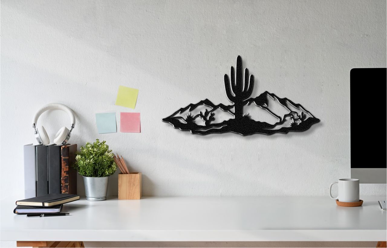 Saguaro Cactus with Mountains Metal Wall Art