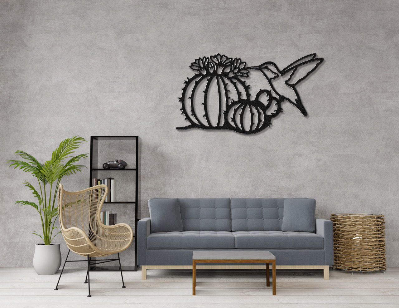 Hummingbird and Barrel Cactus Metal Wall Art