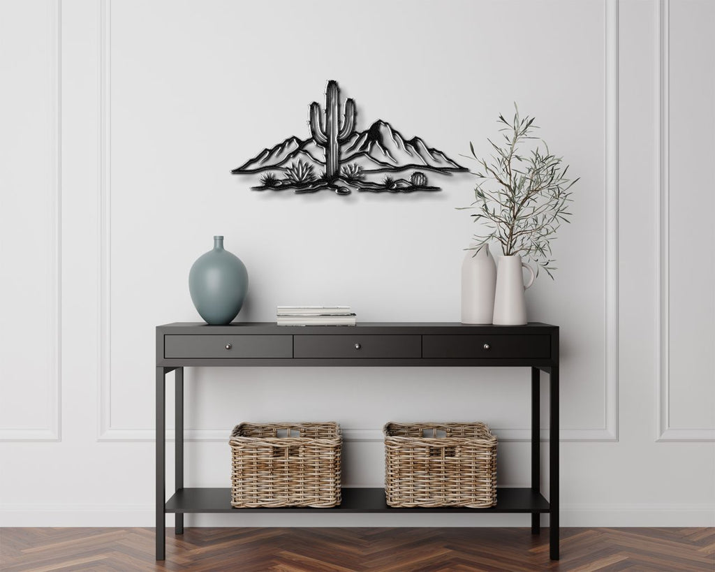 Saguaro Cactus with Mountains Metal Wall Art