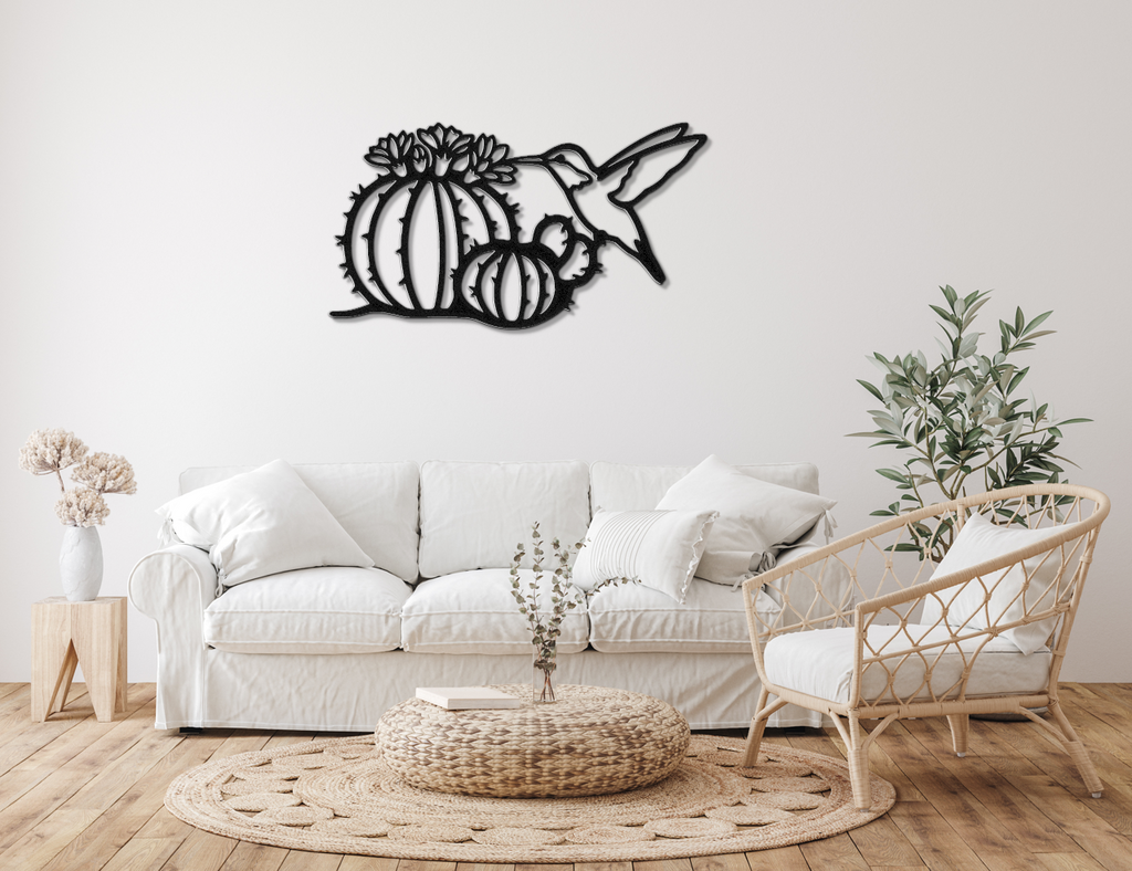 Hummingbird and Barrel Cactus Metal Wall Art