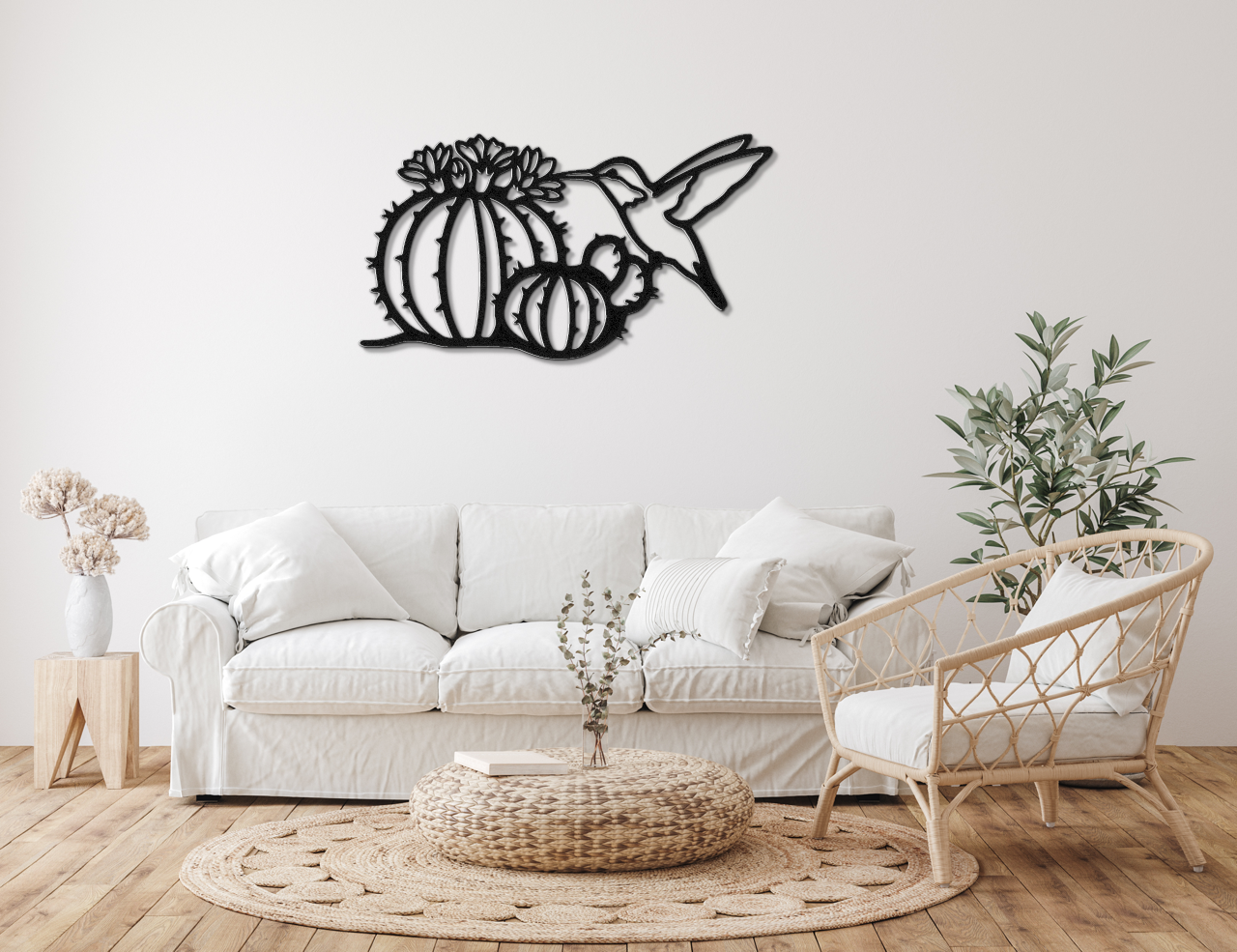 Hummingbird and Barrel Cactus Metal Wall Art