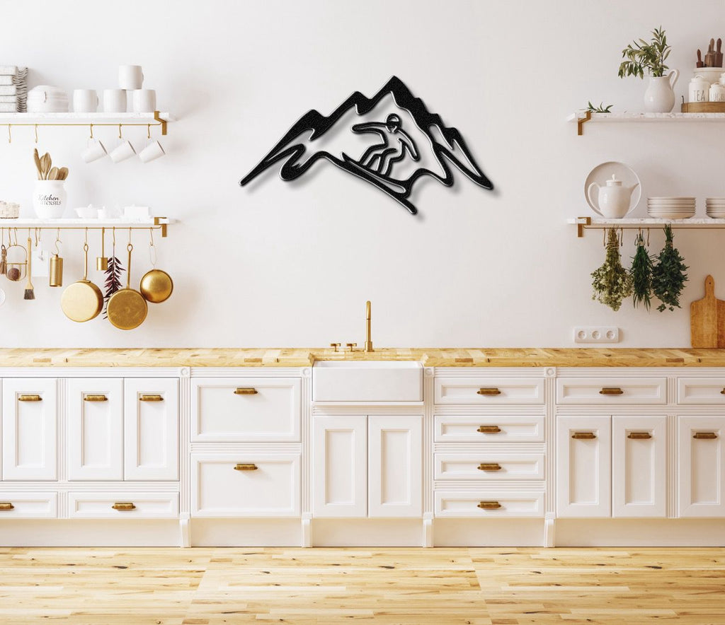 Snowboarder with Mountains Metal Wall Art
