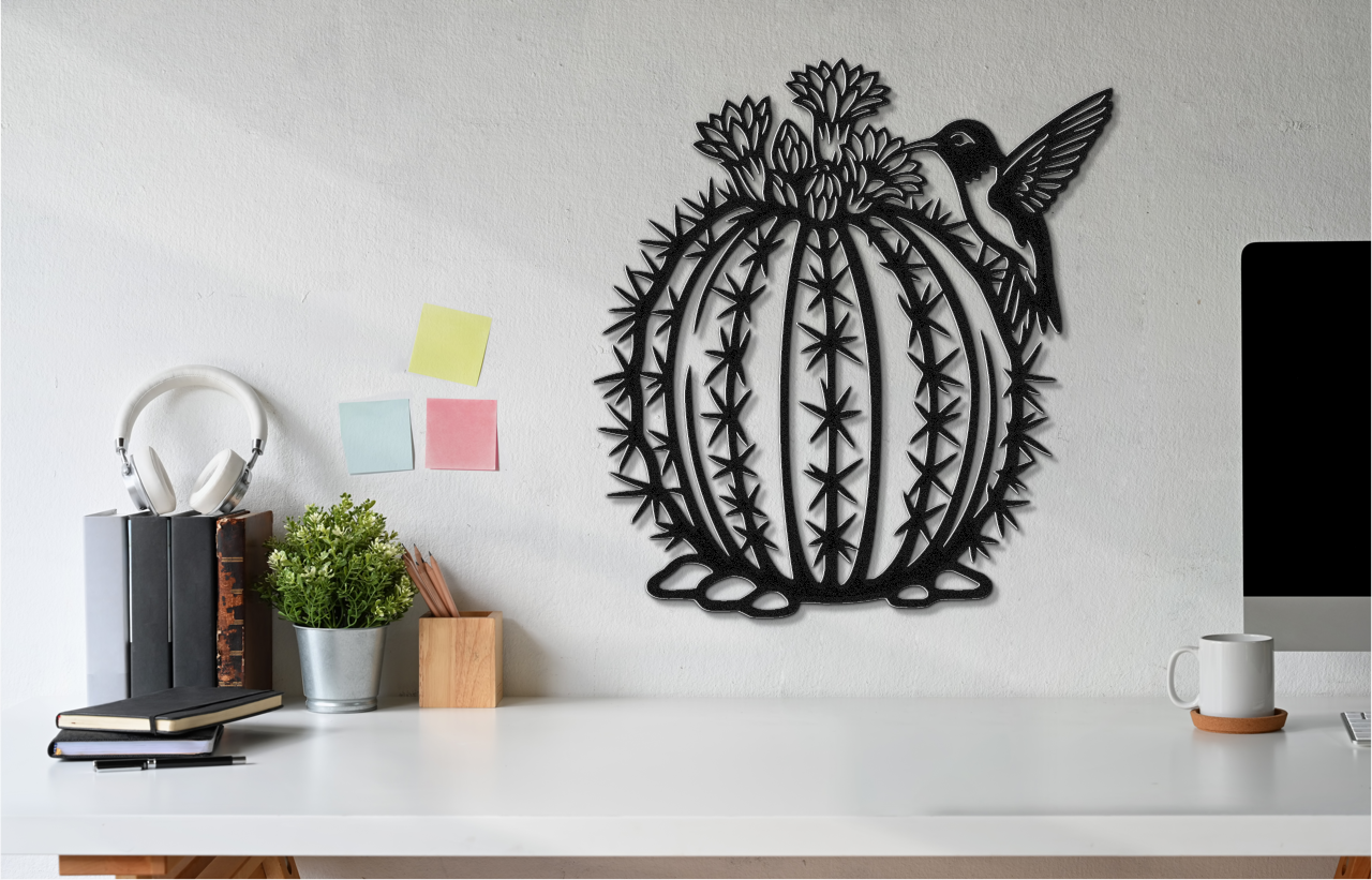 Hummingbird and Barrel Cactus Metal Wall Art
