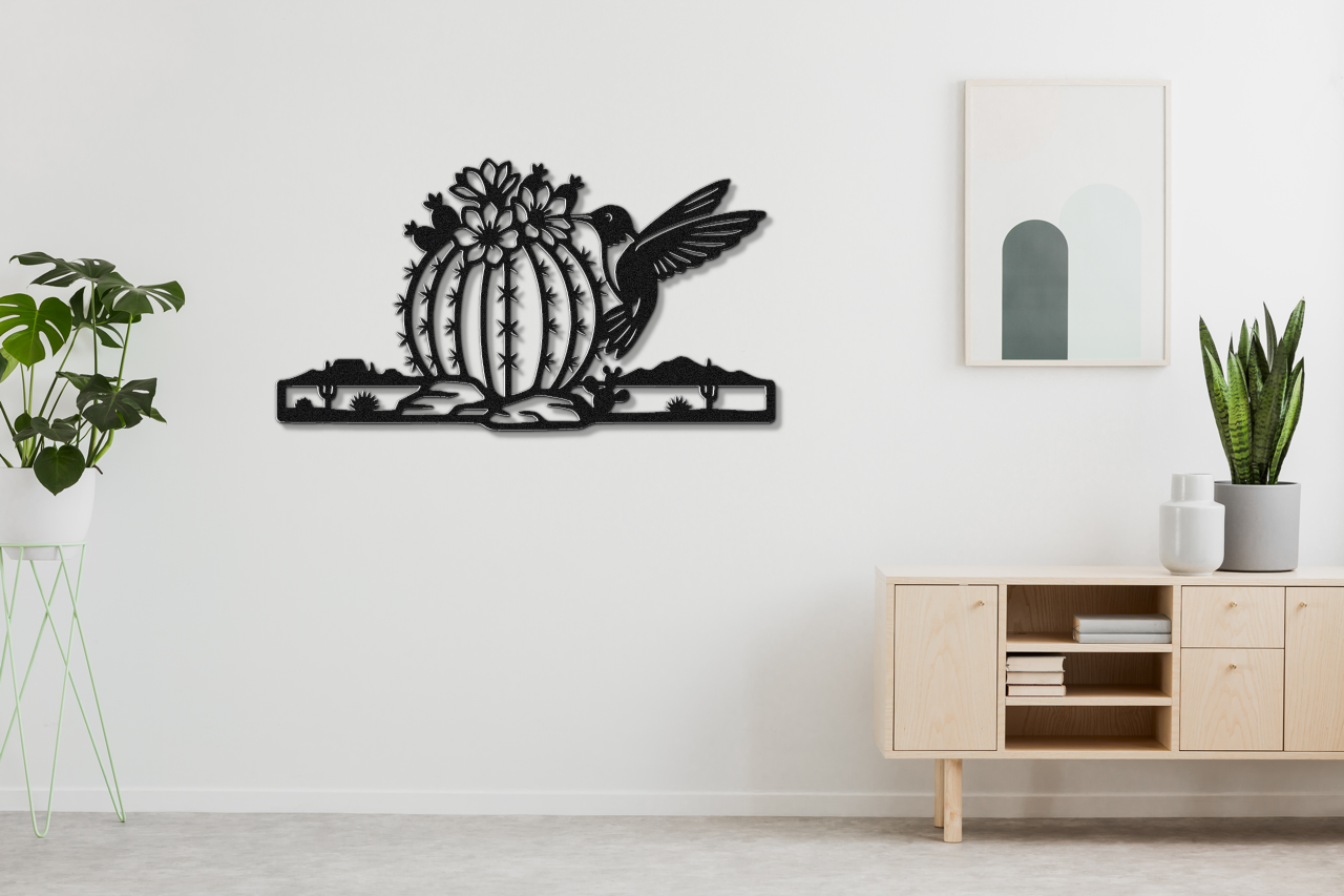 Hummingbird and Barrel Cactus Metal Wall Art